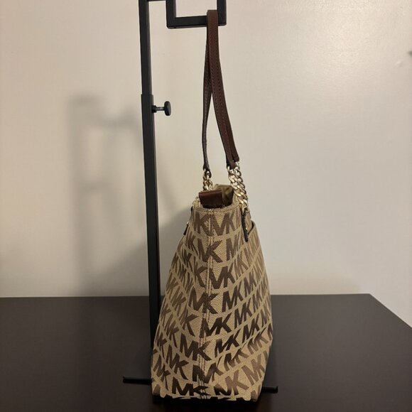 Michael Kors Jet Set Signature Tan Brown Gold Chain Handle Tote Bag - Picture 2 of 14
